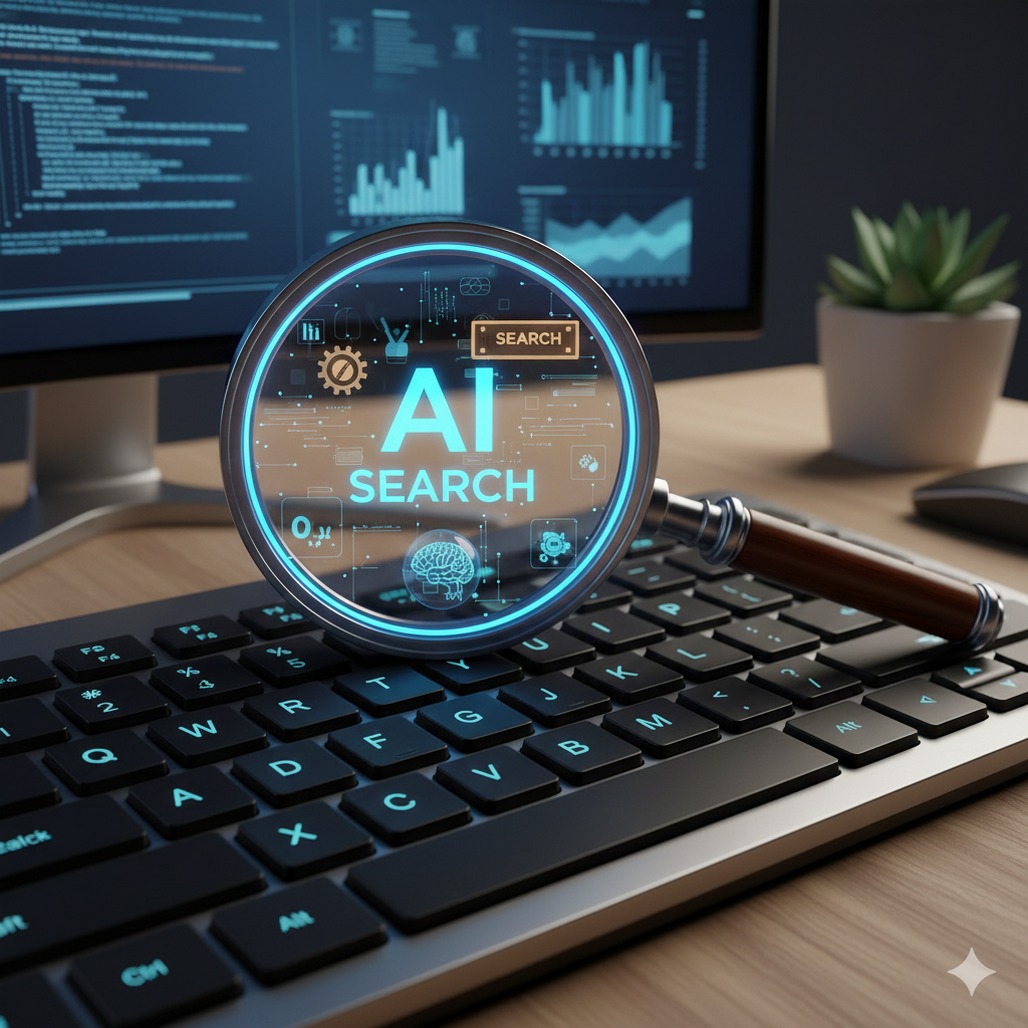 Un computer con una pagina di ricerca aperta, ed un logo centrale come una lente, con l'iscrizione "AI search"