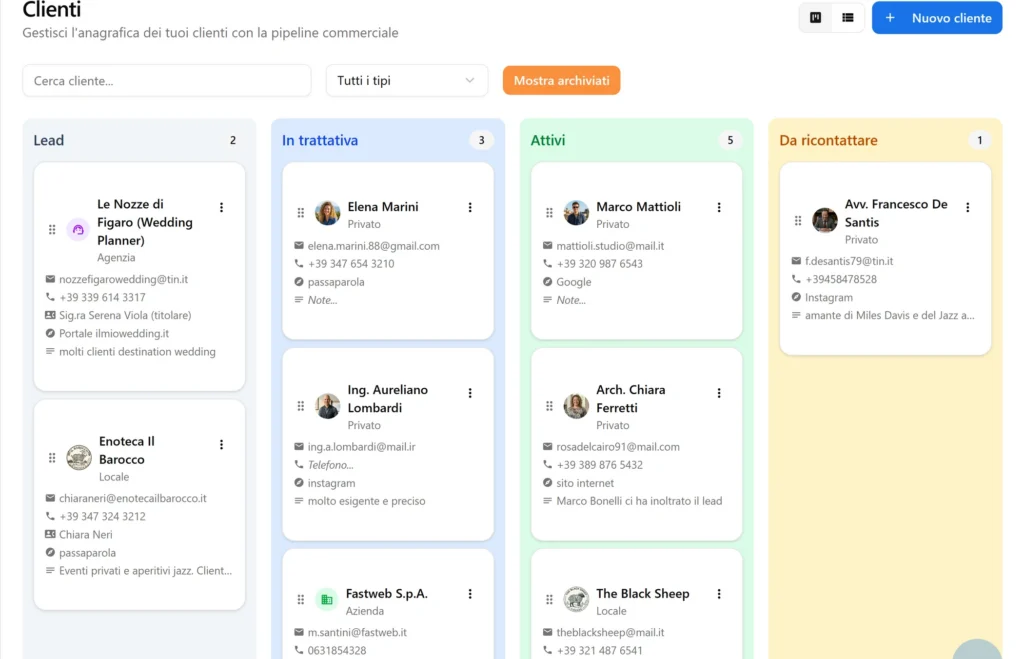 Vista kanban della pipeline commerciale clienti nel gestionale www.bandcalendar.it