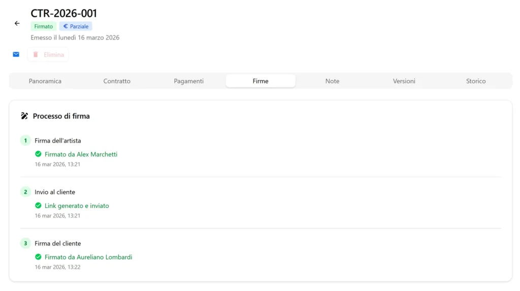 Schermata del gestionale Bandcalendar che mostra la firma digitale semplice per i contratti musicista sposi