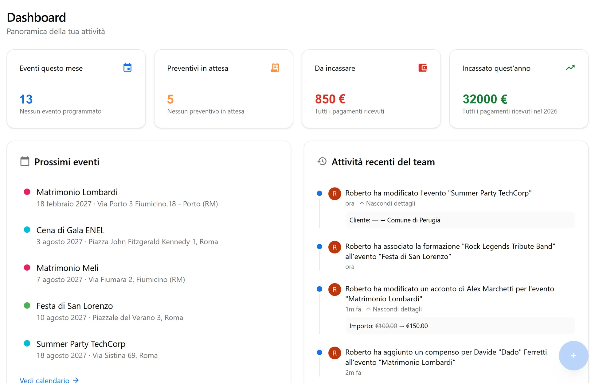 Dashboard del gestionale per musicisti e gruppi musicali bandcalendar.it