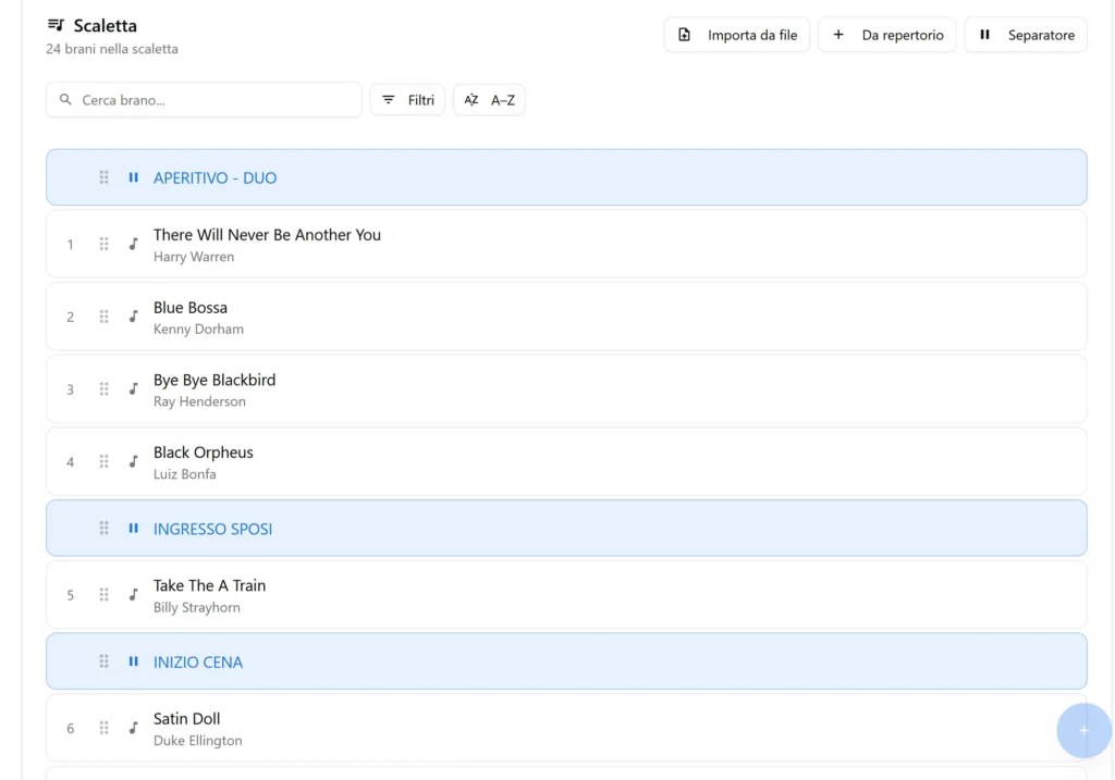 schermata di bandcalendar - ordinamento brani in scaletta