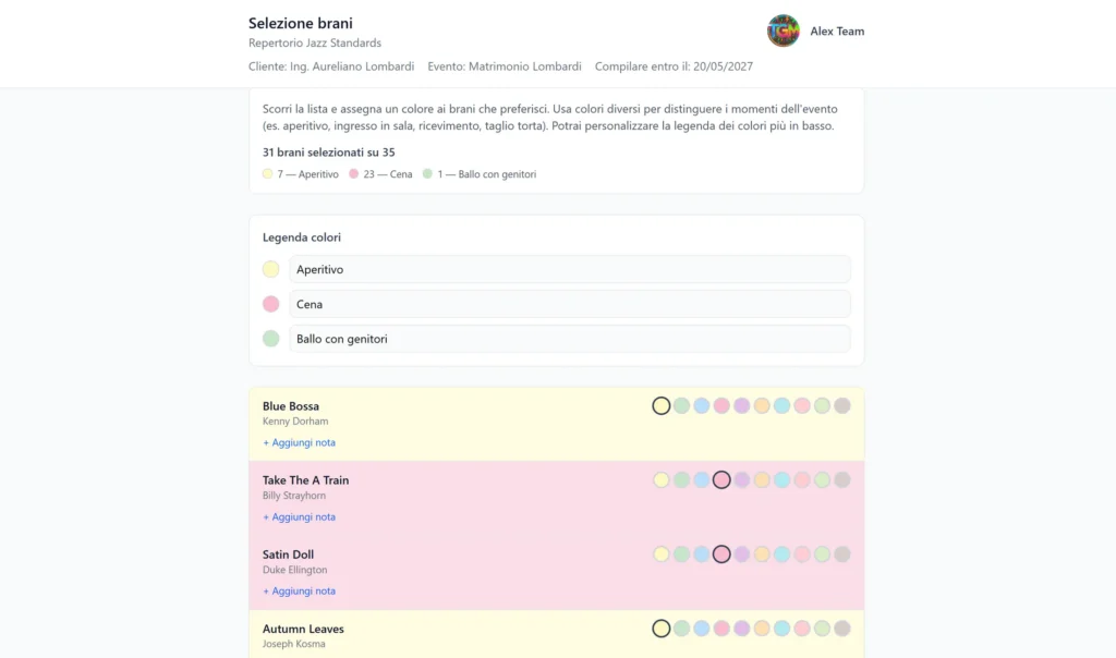 Landing page bandcalendar dedicata alla scelta dei brani dal repertorio